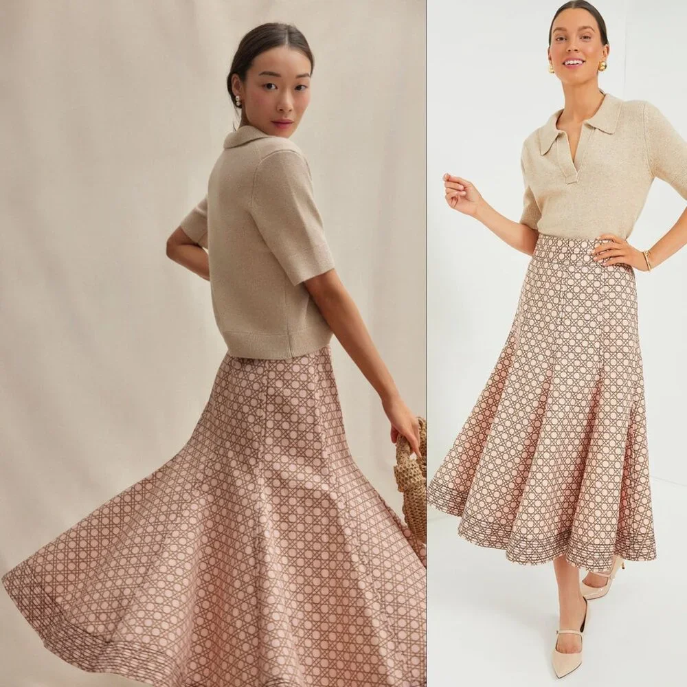 Tuckernuck NEW Petal Cane Brynn Geometric Pink Retro Pleated Midi Skirt Size 6 - Picture 12 of 12